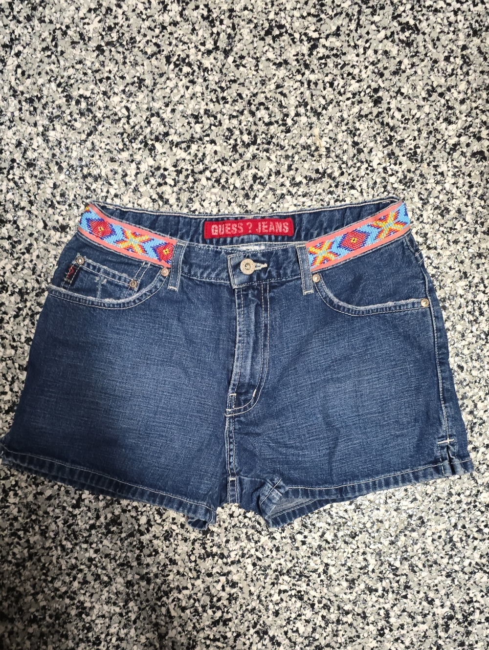 Guess Blue Denim Shorts with Multicolor Embroidered Waistband